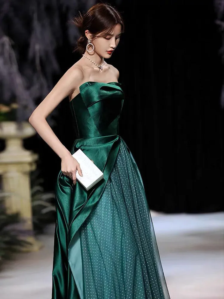Modern Evening Dress A-Line Strapless Satin Fabric Floor-Length Pleated Formal Party Dresses Forest Green Pageant Dress
