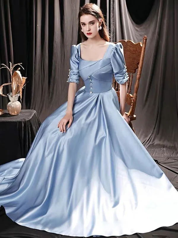 Modern Evening Dress Mint Blue A-Line Square Neck Floor-Length Half Sleeves Lace-up Pageant Dress