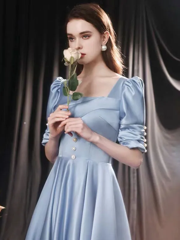 Modern Evening Dress Mint Blue A-Line Square Neck Floor-Length Half Sleeves Lace-up Pageant Dress