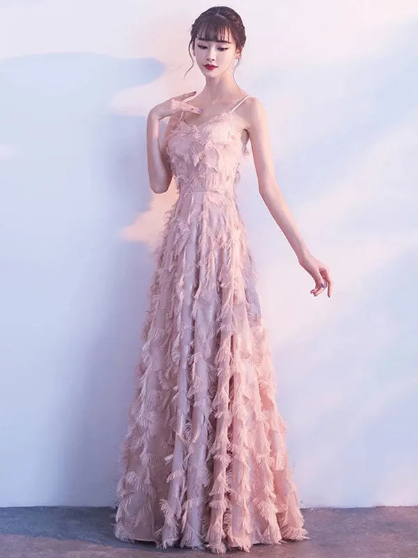 Modern Evening Dresses Blush Pink Long Halter Feathers Sleeveless Floor Length Graduation Dress wedding guest dress