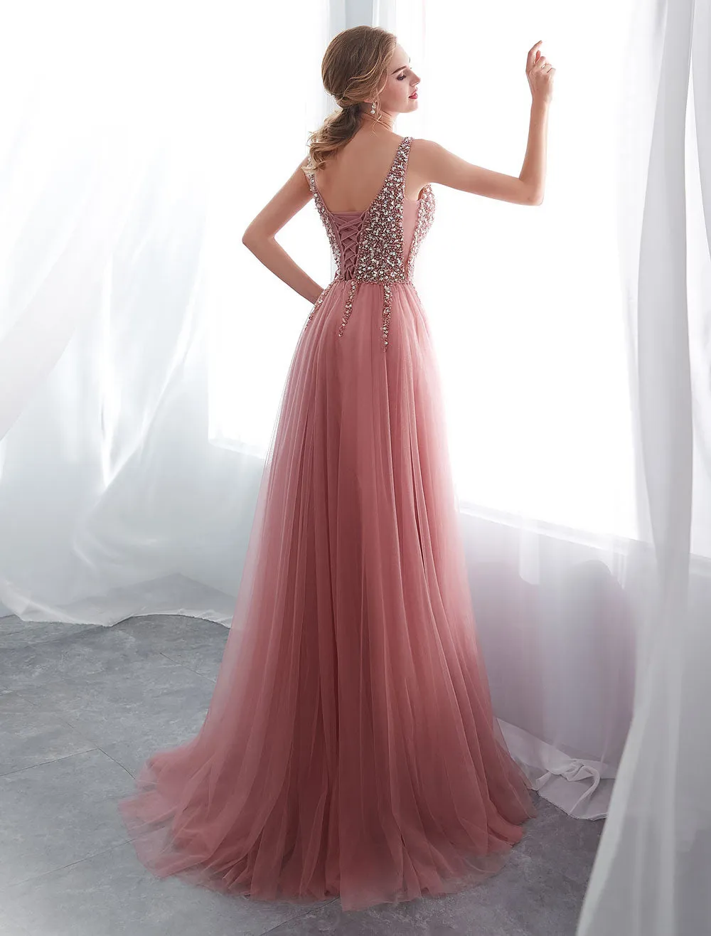 Modern Evening Dresses Cameo Pinkv Neck Beading A Line Formal Evening Dress With Train