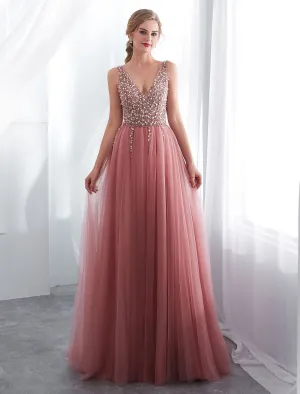 Modern Evening Dresses Cameo Pinkv Neck Beading A Line Formal Evening Dress With Train