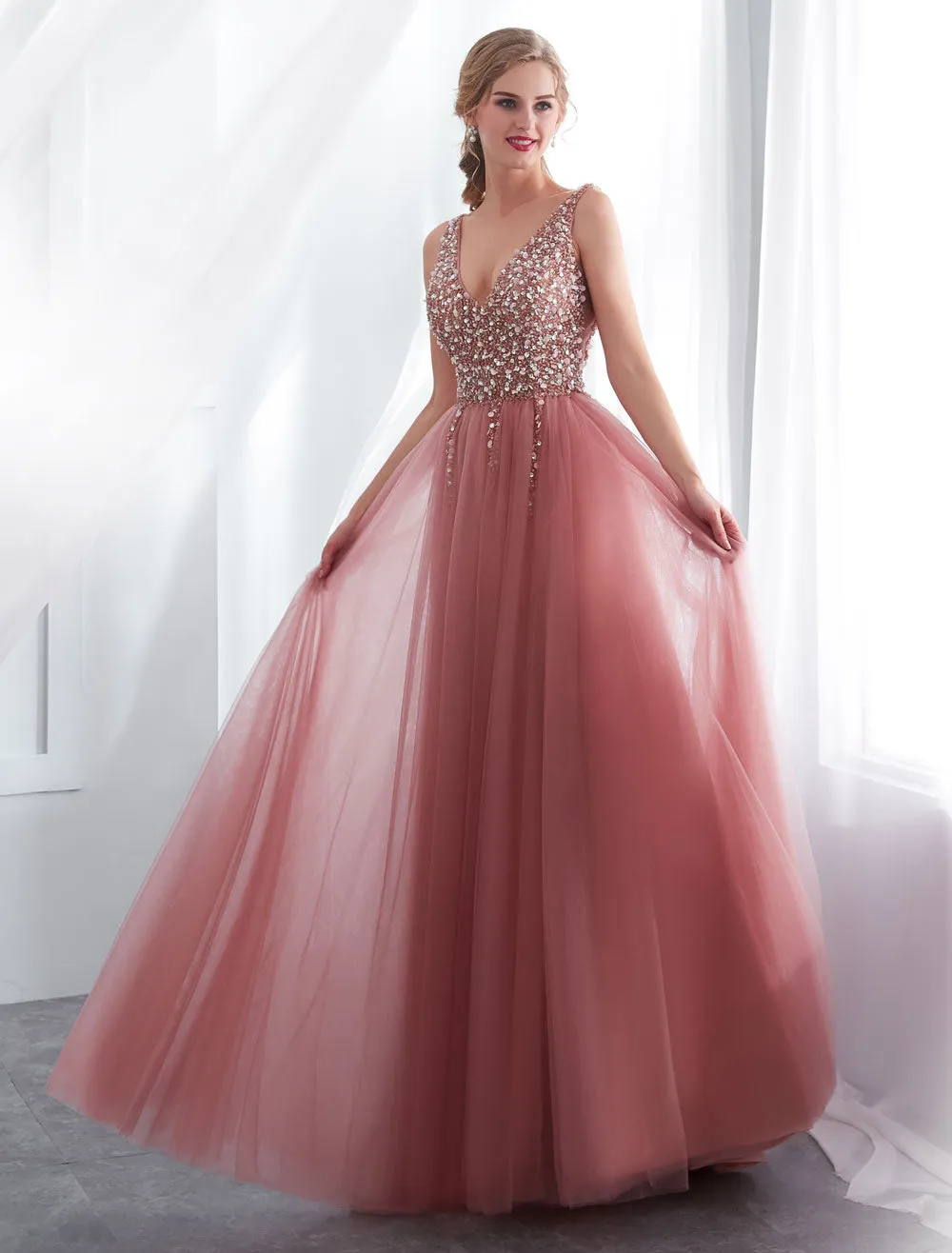 Modern Evening Dresses Cameo Pinkv Neck Beading A Line Formal Evening Dress With Train
