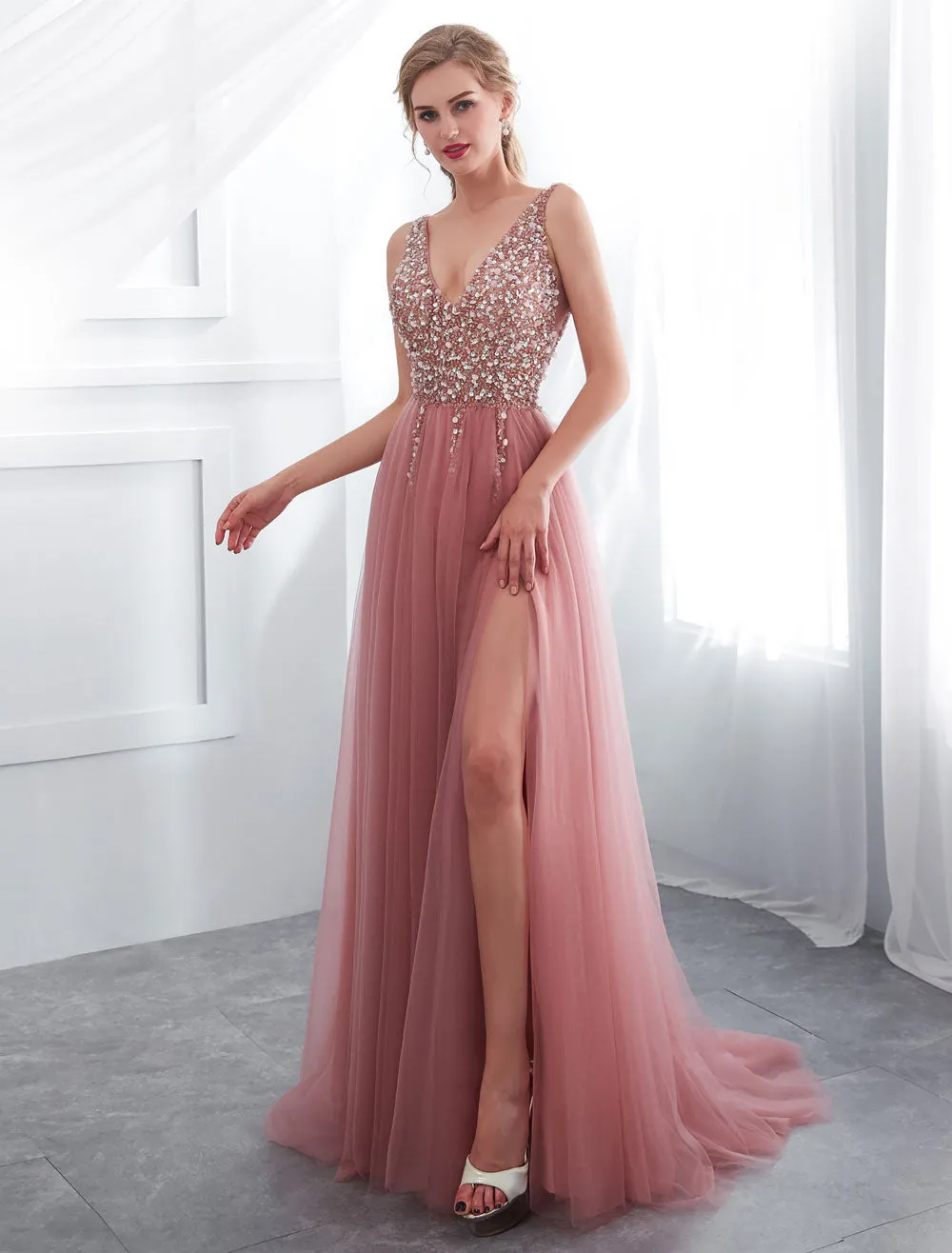 Modern Evening Dresses Cameo Pinkv Neck Beading A Line Formal Evening Dress With Train