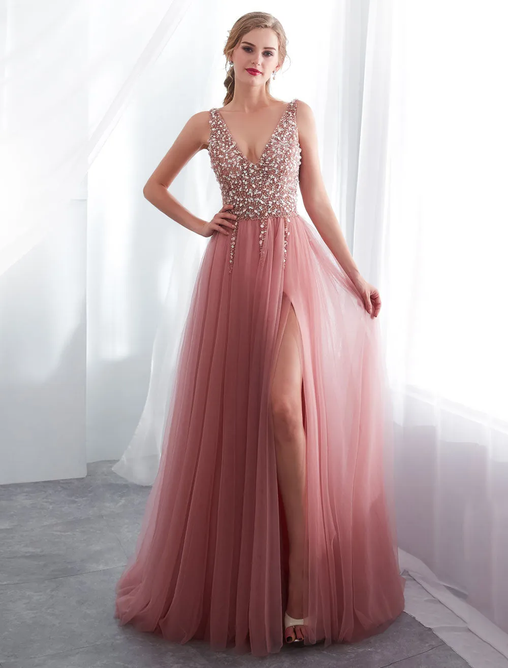 Modern Evening Dresses Cameo Pinkv Neck Beading A Line Formal Evening Dress With Train