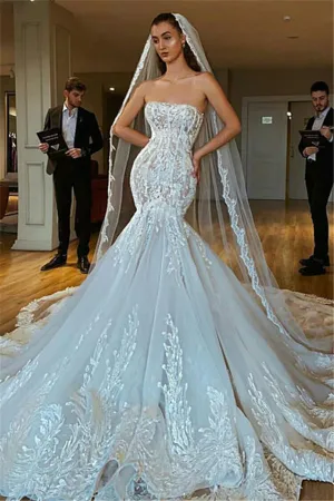 Modern Strapless Mermaid Puffy Appliques Bridal Bridal Gowns