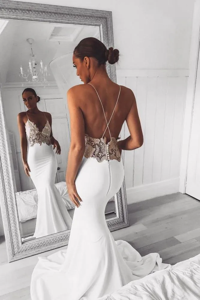 Modern V Neck Lace Spaghetti Strap Mermaid Wedding Dress Open Back Bridal Gown