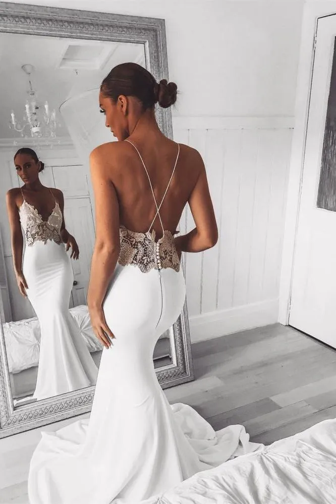 Modern V Neck Lace Spaghetti Strap Mermaid Wedding Dress Open Back Bridal Gown