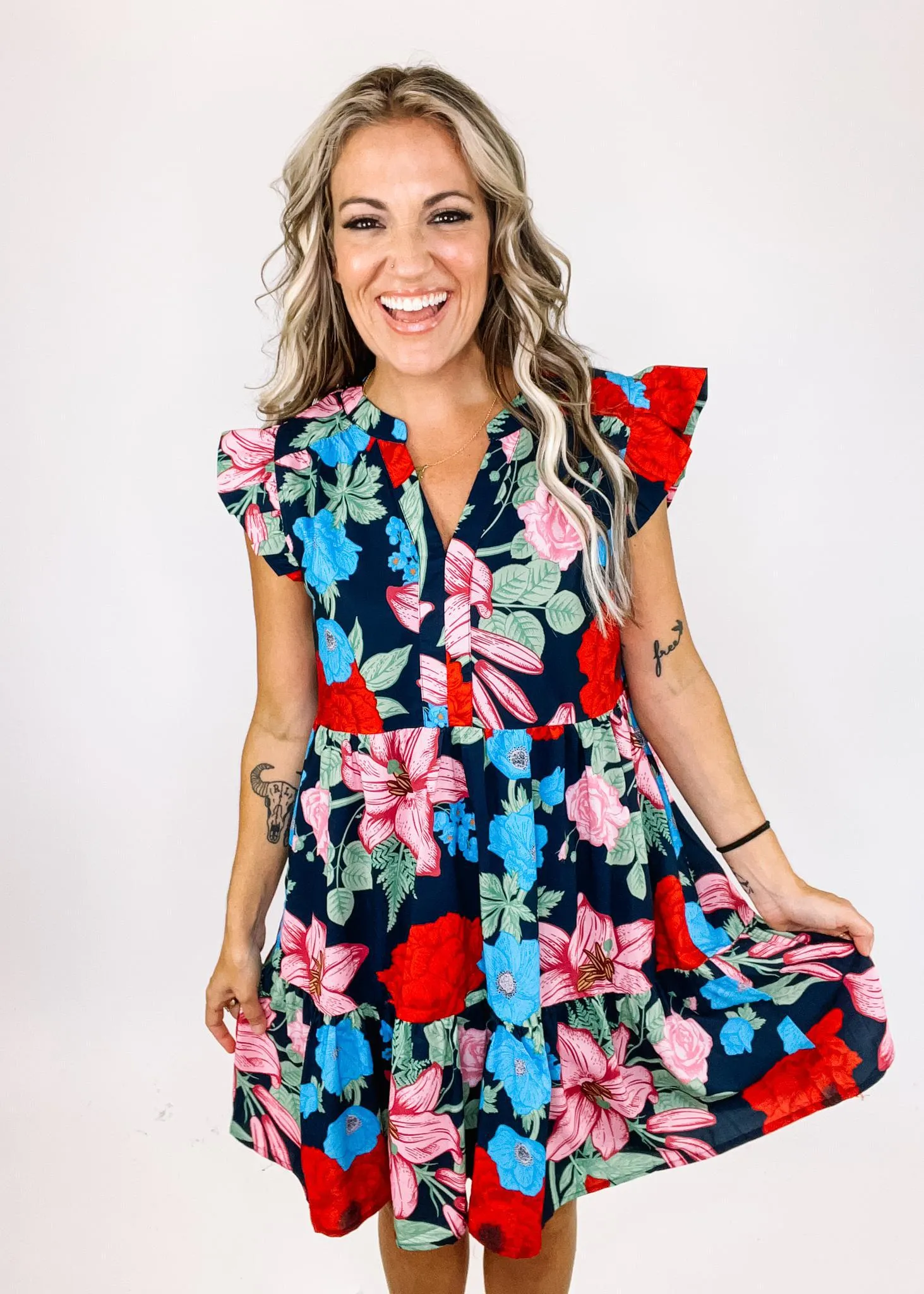 Navy Poppy Flutter Dress