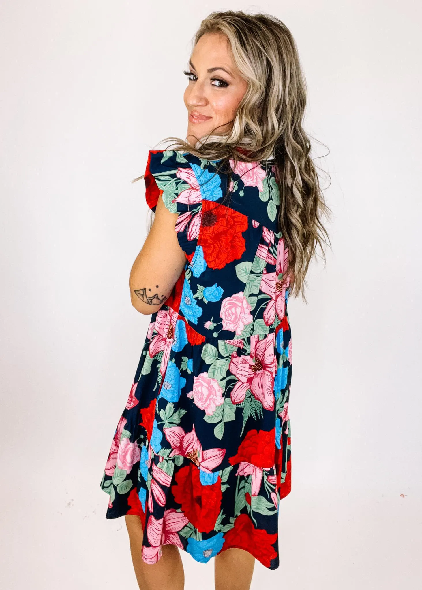 Navy Poppy Flutter Dress
