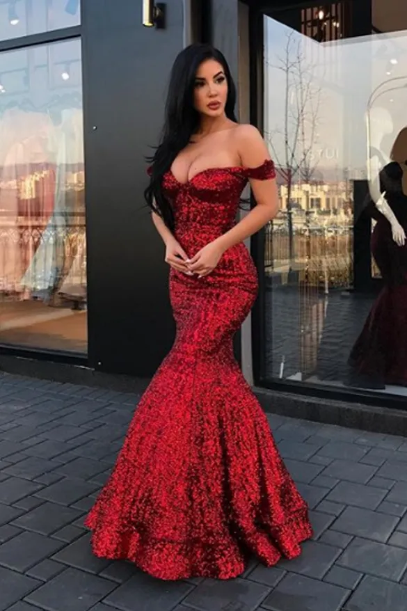 New Arrival Mermaid Charming Sequined Evening Dresses Off-The-Shoulder Floor Length Prom Dresses