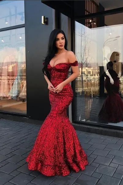 New Arrival Mermaid Charming Sequined Evening Dresses Off-The-Shoulder Floor Length Prom Dresses