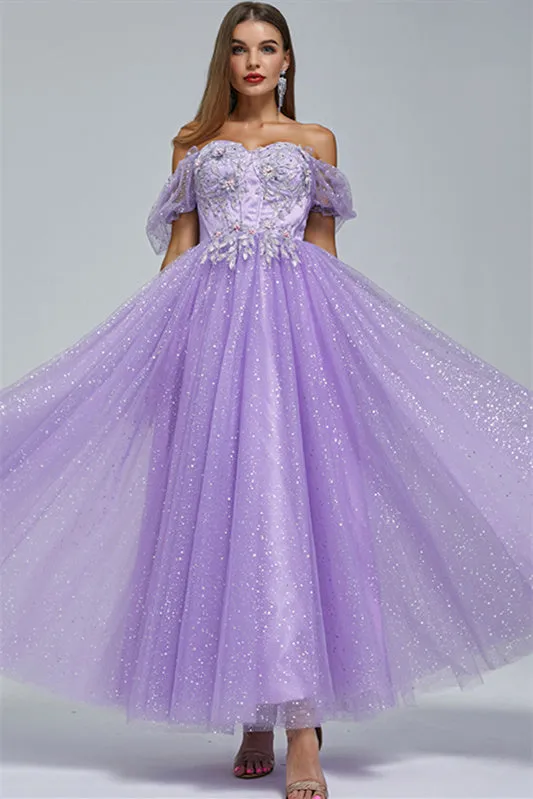 Off-the-shoulder Lace Applique Ankle Length Backless Vintage Beautiful Ball Gown Prom Dress