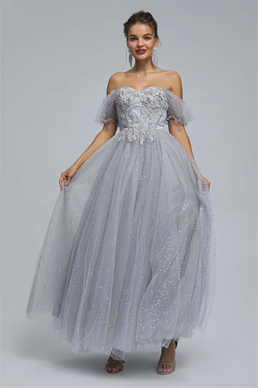 Off-the-shoulder Lace Applique Ankle Length Backless Vintage Beautiful Ball Gown Prom Dress
