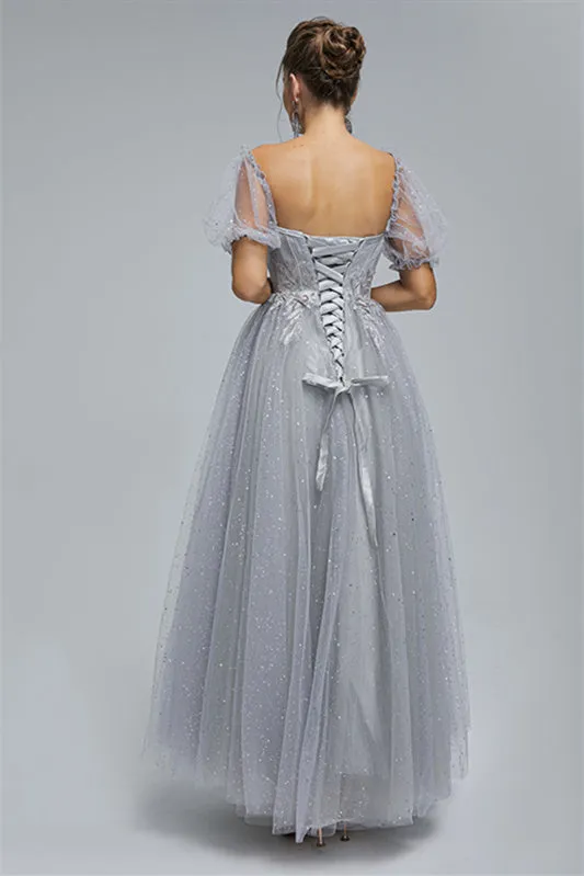 Off-the-shoulder Lace Applique Ankle Length Backless Vintage Beautiful Ball Gown Prom Dress