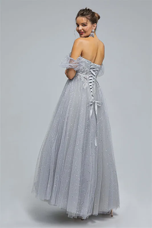Off-the-shoulder Lace Applique Ankle Length Backless Vintage Beautiful Ball Gown Prom Dress