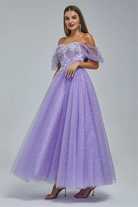 Off-the-shoulder Lace Applique Ankle Length Backless Vintage Beautiful Ball Gown Prom Dress