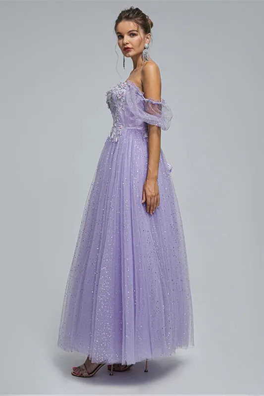 Off-the-shoulder Lace Applique Ankle Length Backless Vintage Beautiful Ball Gown Prom Dress