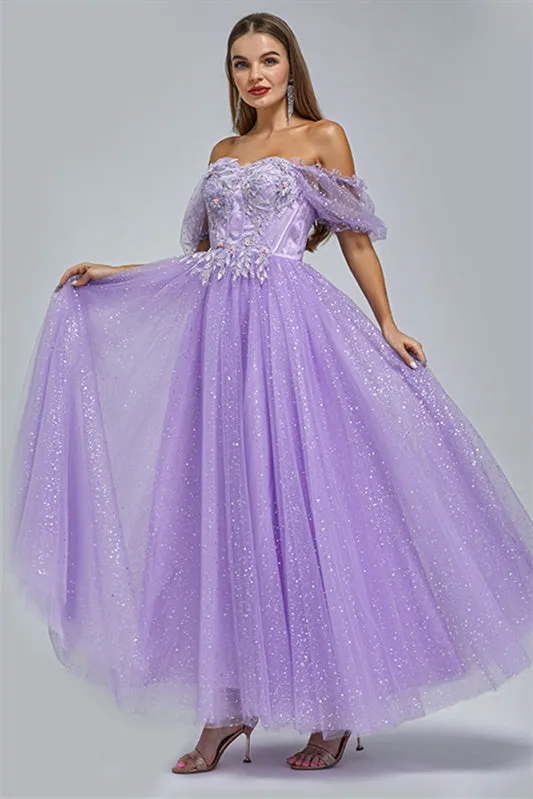 Off-the-shoulder Lace Applique Ankle Length Backless Vintage Beautiful Ball Gown Prom Dress