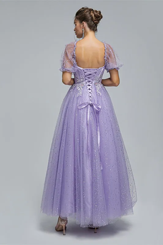 Off-the-shoulder Lace Applique Ankle Length Backless Vintage Beautiful Ball Gown Prom Dress
