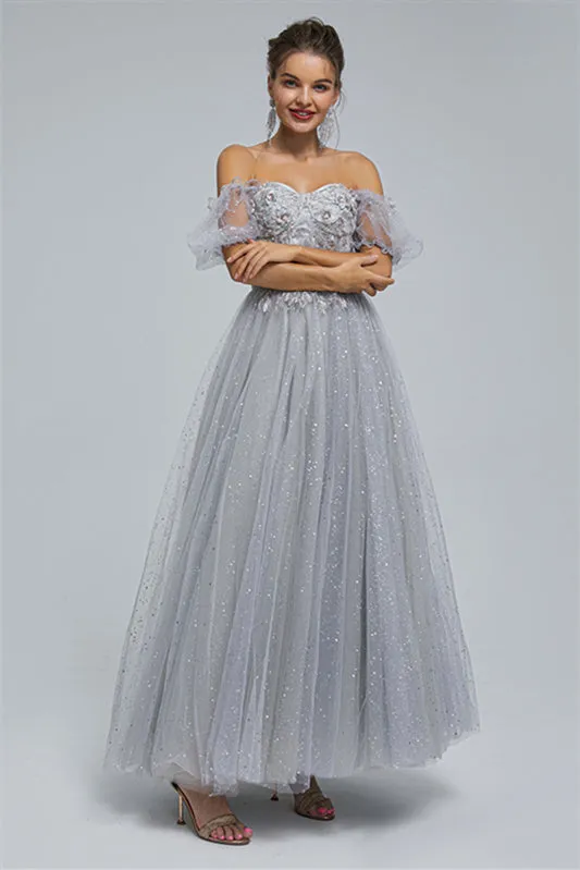 Off-the-shoulder Lace Applique Ankle Length Backless Vintage Beautiful Ball Gown Prom Dress
