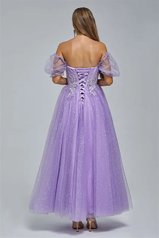 Off-the-shoulder Lace Applique Ankle Length Backless Vintage Beautiful Ball Gown Prom Dress