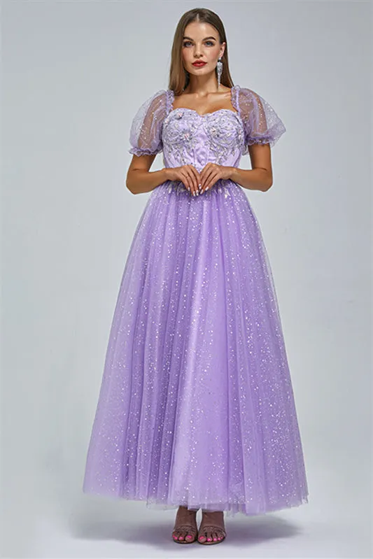 Off-the-shoulder Lace Applique Ankle Length Backless Vintage Beautiful Ball Gown Prom Dress