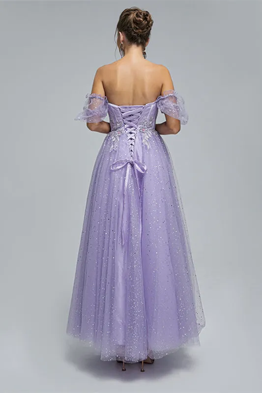 Off-the-shoulder Lace Applique Ankle Length Backless Vintage Beautiful Ball Gown Prom Dress