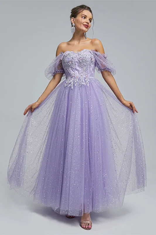 Off-the-shoulder Lace Applique Ankle Length Backless Vintage Beautiful Ball Gown Prom Dress