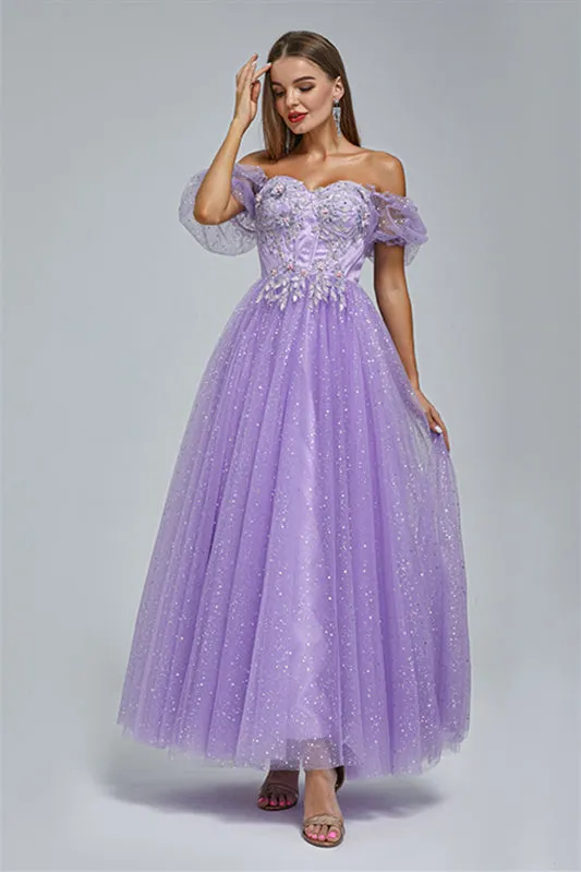 Off-the-shoulder Lace Applique Ankle Length Backless Vintage Beautiful Ball Gown Prom Dress