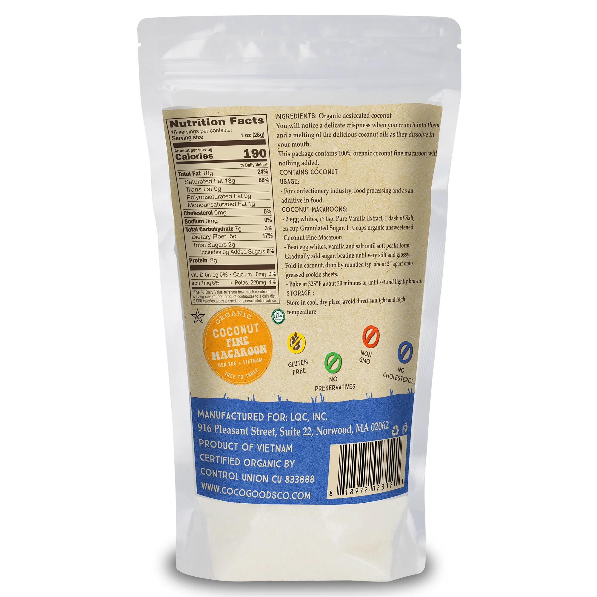 Organic Unsweetened Desiccated Coconut, Fine Grade 16 oz, 2 Pack