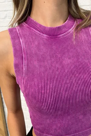 Over and Out Cropped Ribbed Tank in Lt Plum