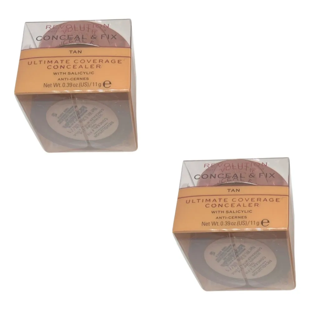 Pack of 2 Makeup Revolution Beauty Conceal & Fix Ultimate Coverage Concealer, Tan