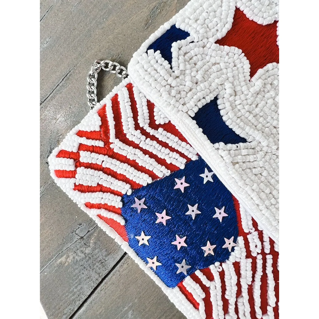 Patriotic Red White Blue Stars Stripes Seed Beaded Handbag
