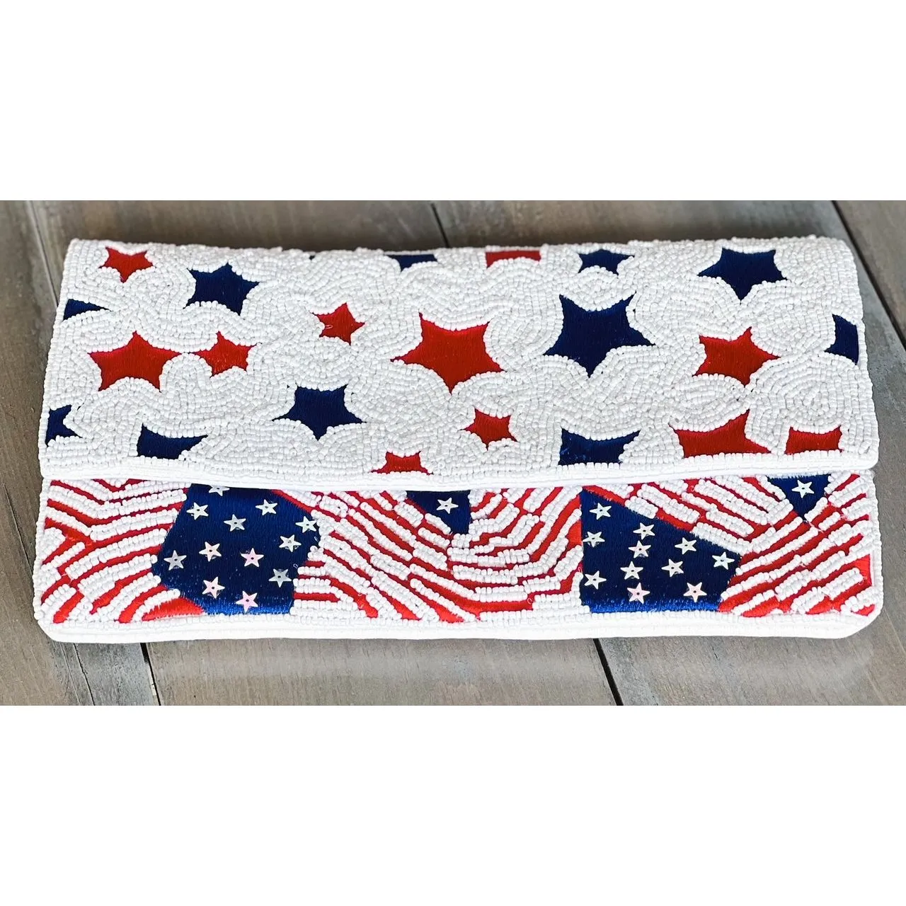 Patriotic Red White Blue Stars Stripes Seed Beaded Handbag