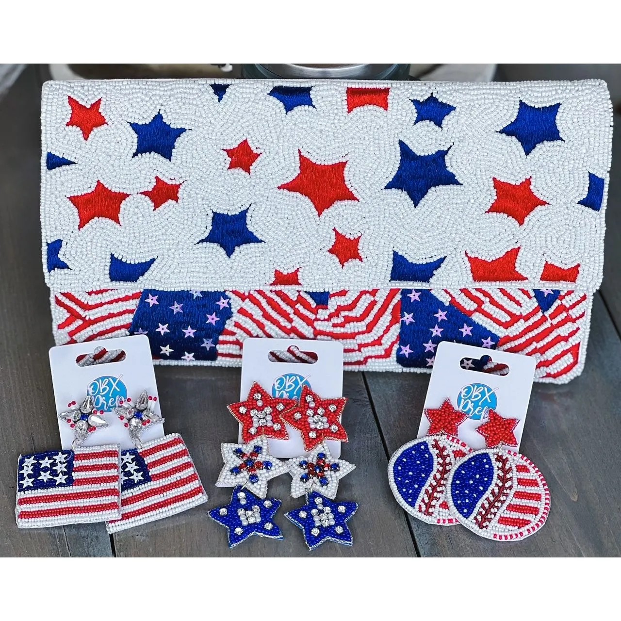 Patriotic Red White Blue Stars Stripes Seed Beaded Handbag