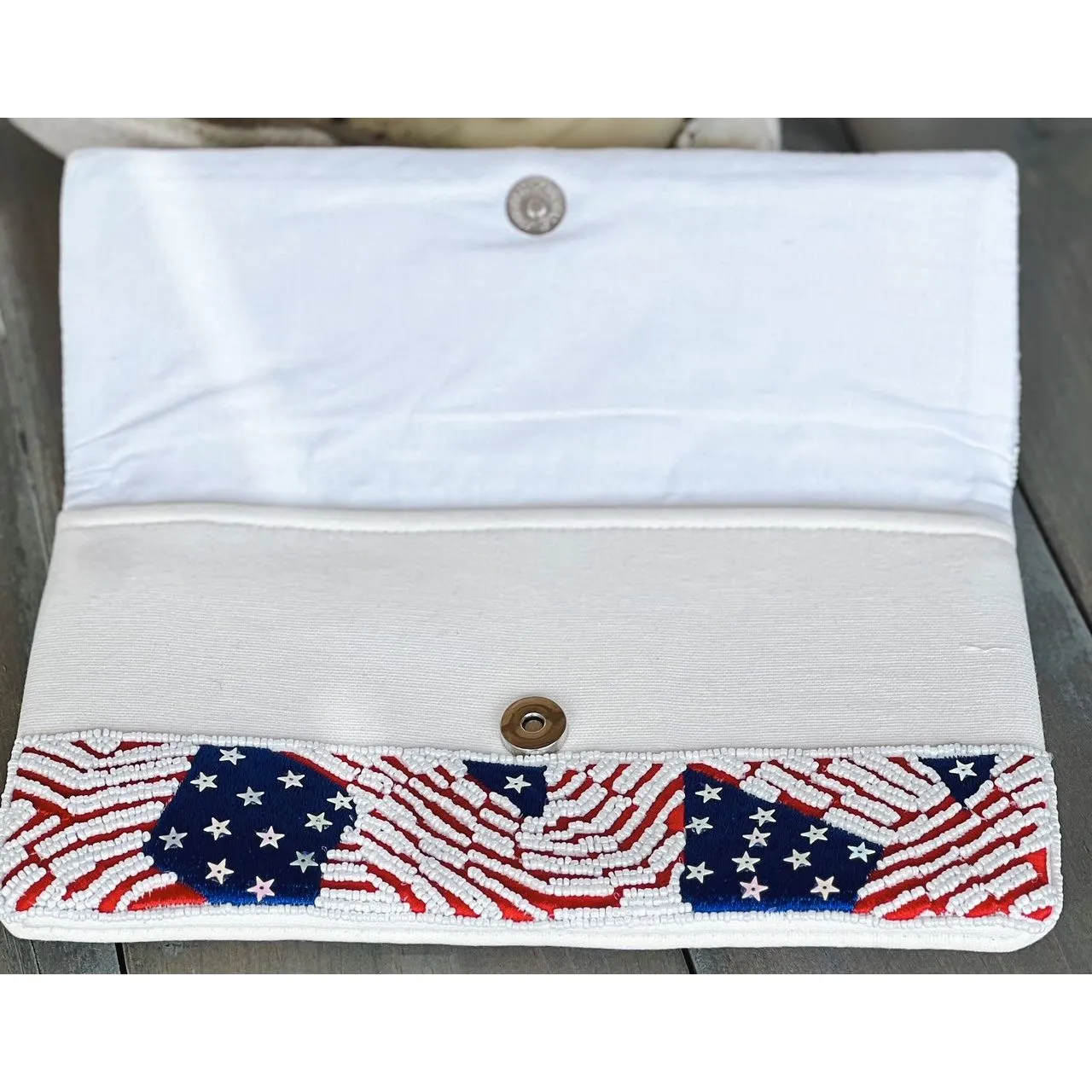 Patriotic Red White Blue Stars Stripes Seed Beaded Handbag