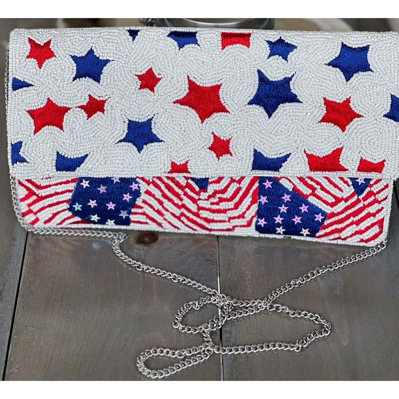 Patriotic Red White Blue Stars Stripes Seed Beaded Handbag