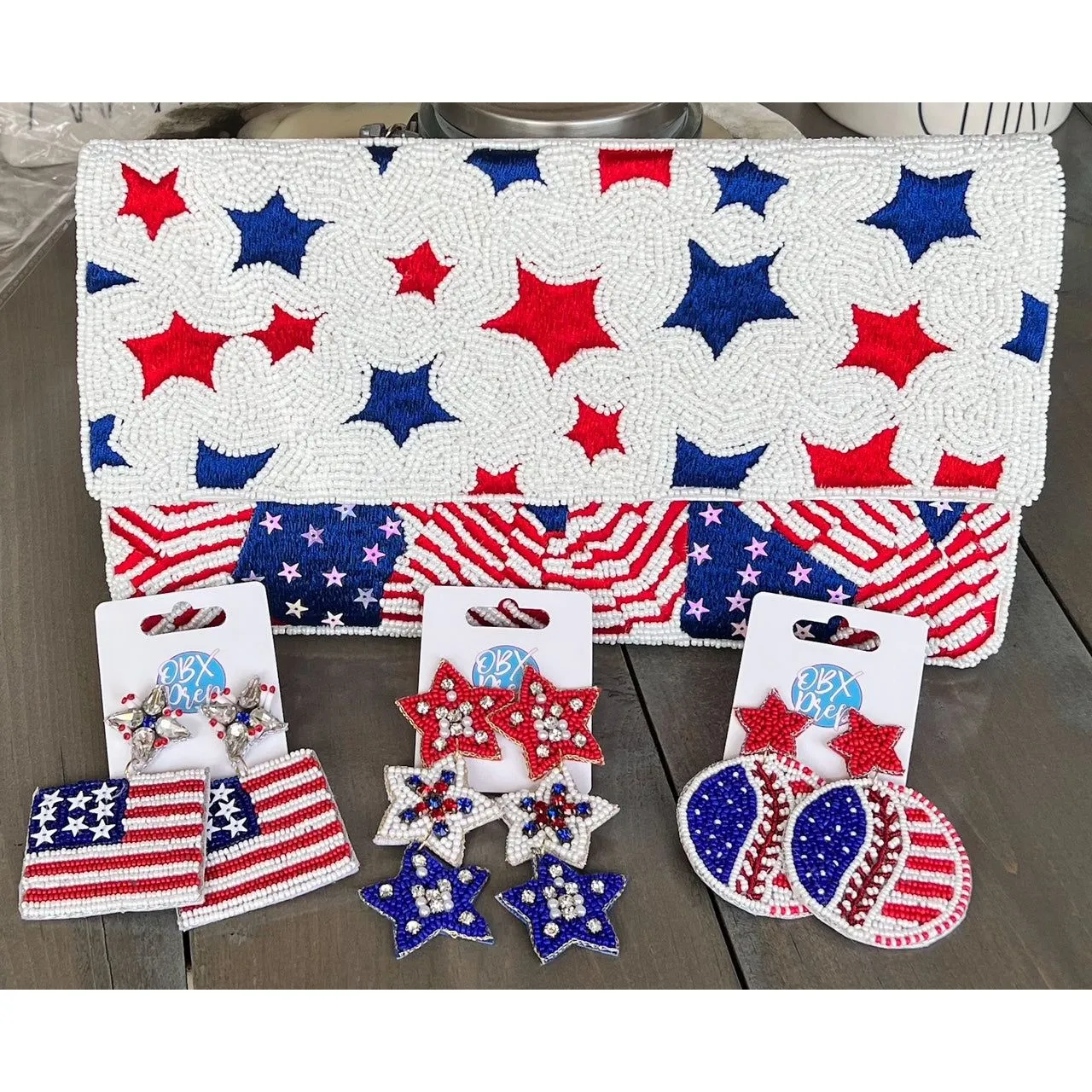 Patriotic Red White Blue Stars Stripes Seed Beaded Handbag