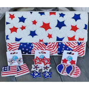 Patriotic Red White Blue Stars Stripes Seed Beaded Handbag