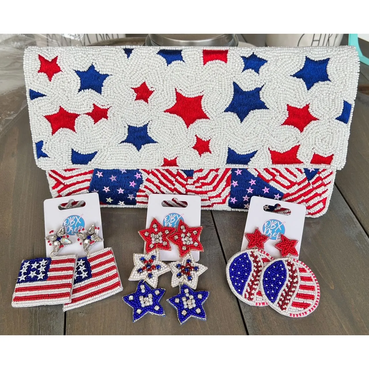 Patriotic Red White Blue Stars Stripes Seed Beaded Handbag