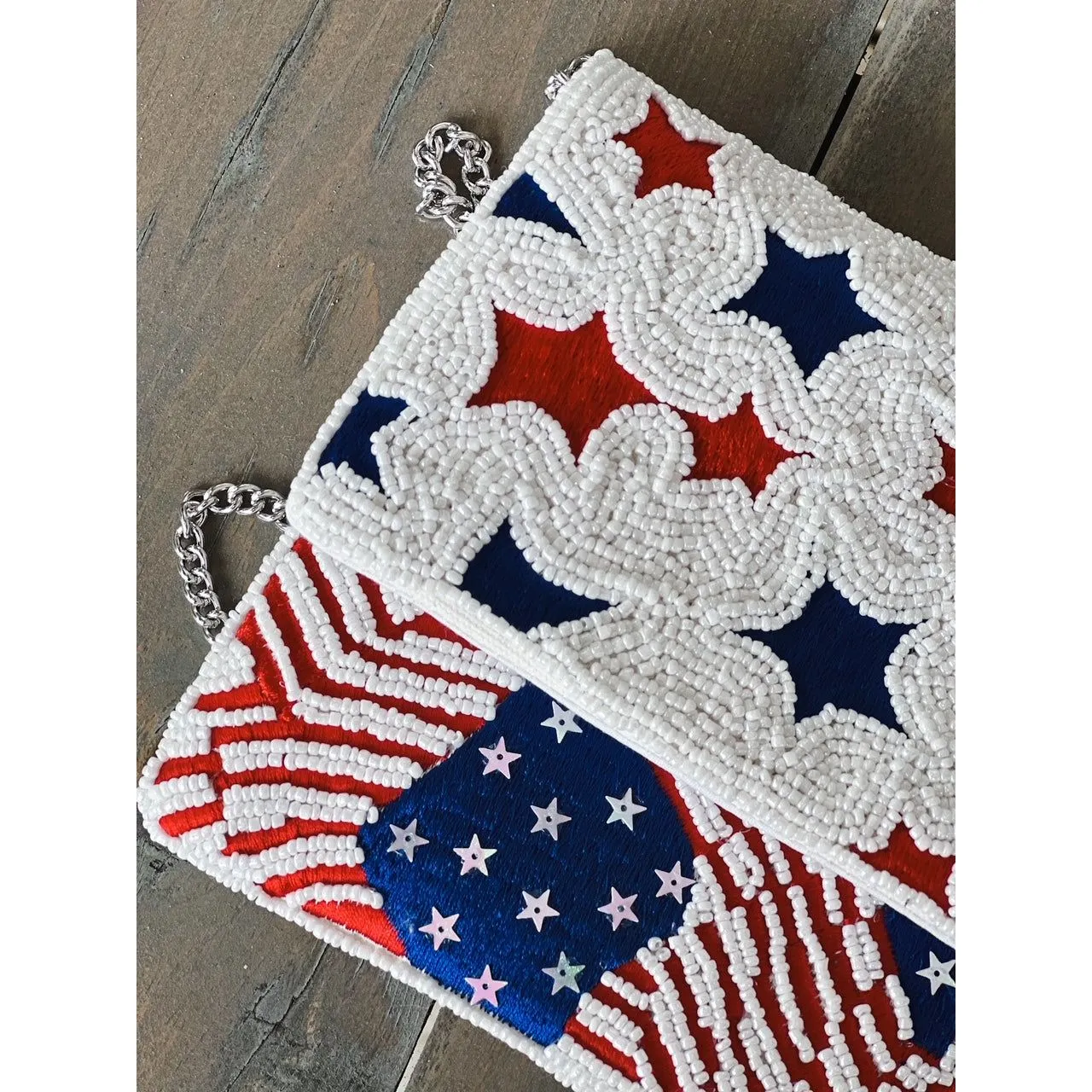 Patriotic Red White Blue Stars Stripes Seed Beaded Handbag
