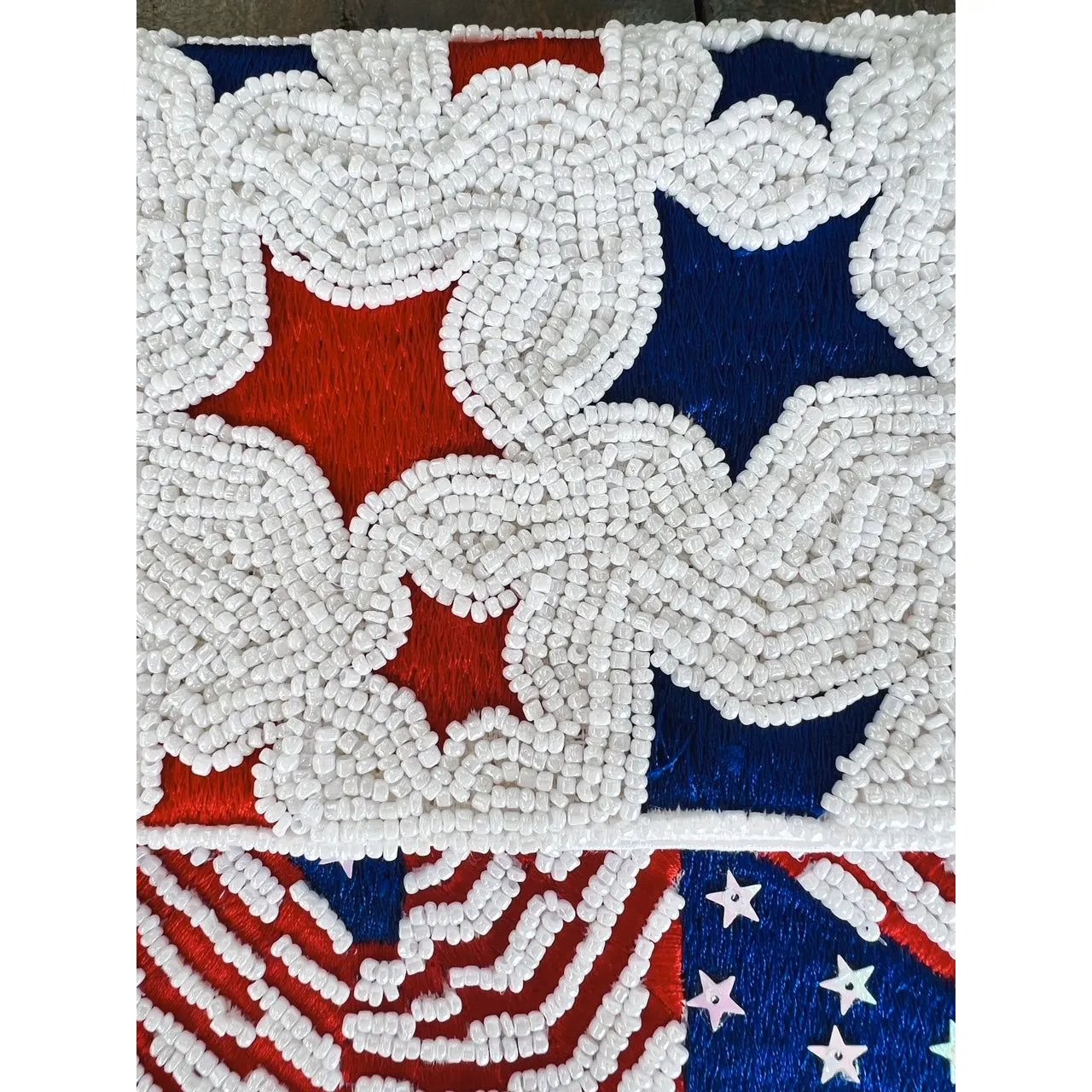 Patriotic Red White Blue Stars Stripes Seed Beaded Handbag