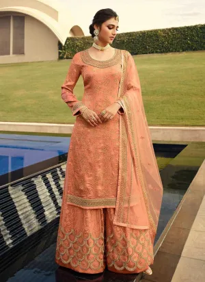 Peach Heavy Embroidered Designer Palazzo Style Suit