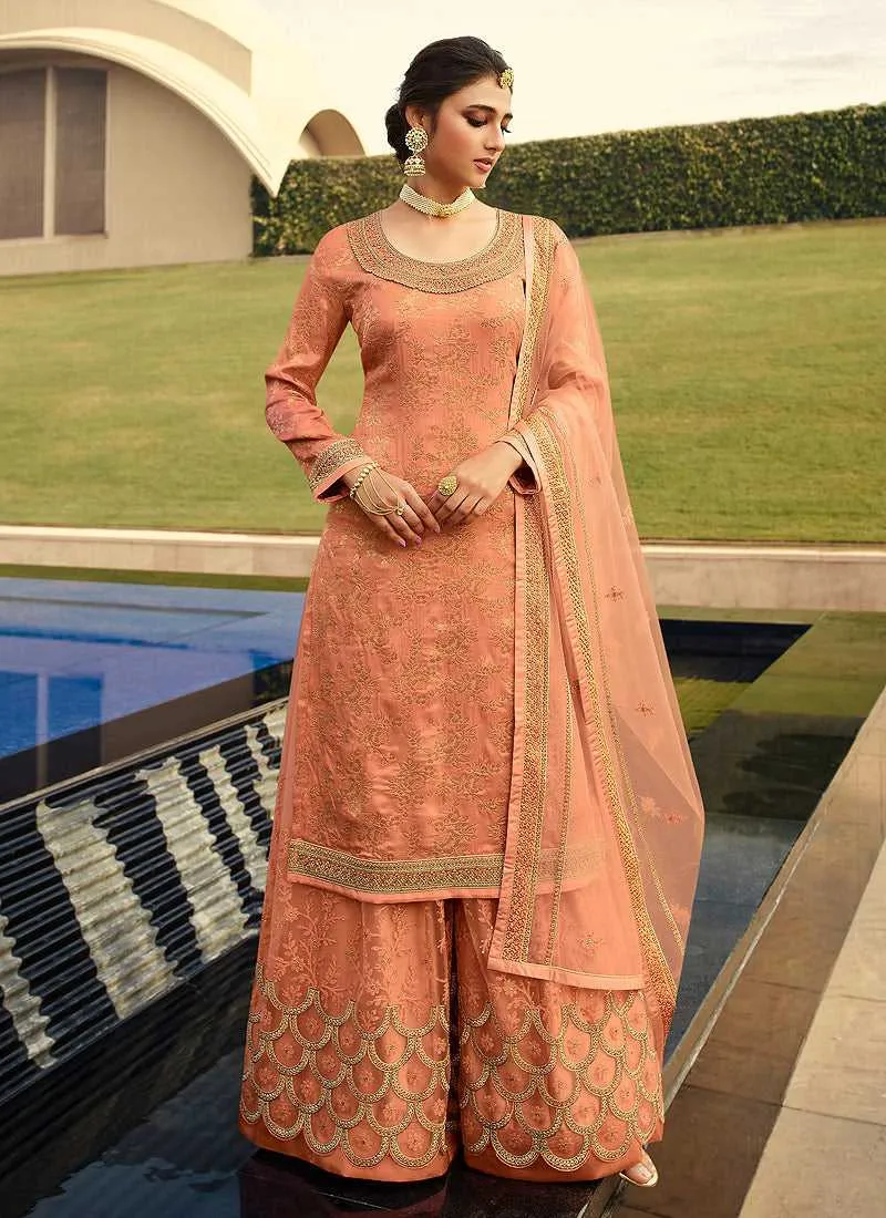 Peach Heavy Embroidered Designer Palazzo Style Suit