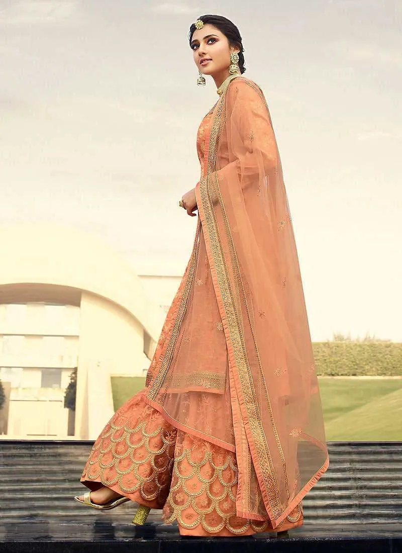 Peach Heavy Embroidered Designer Palazzo Style Suit