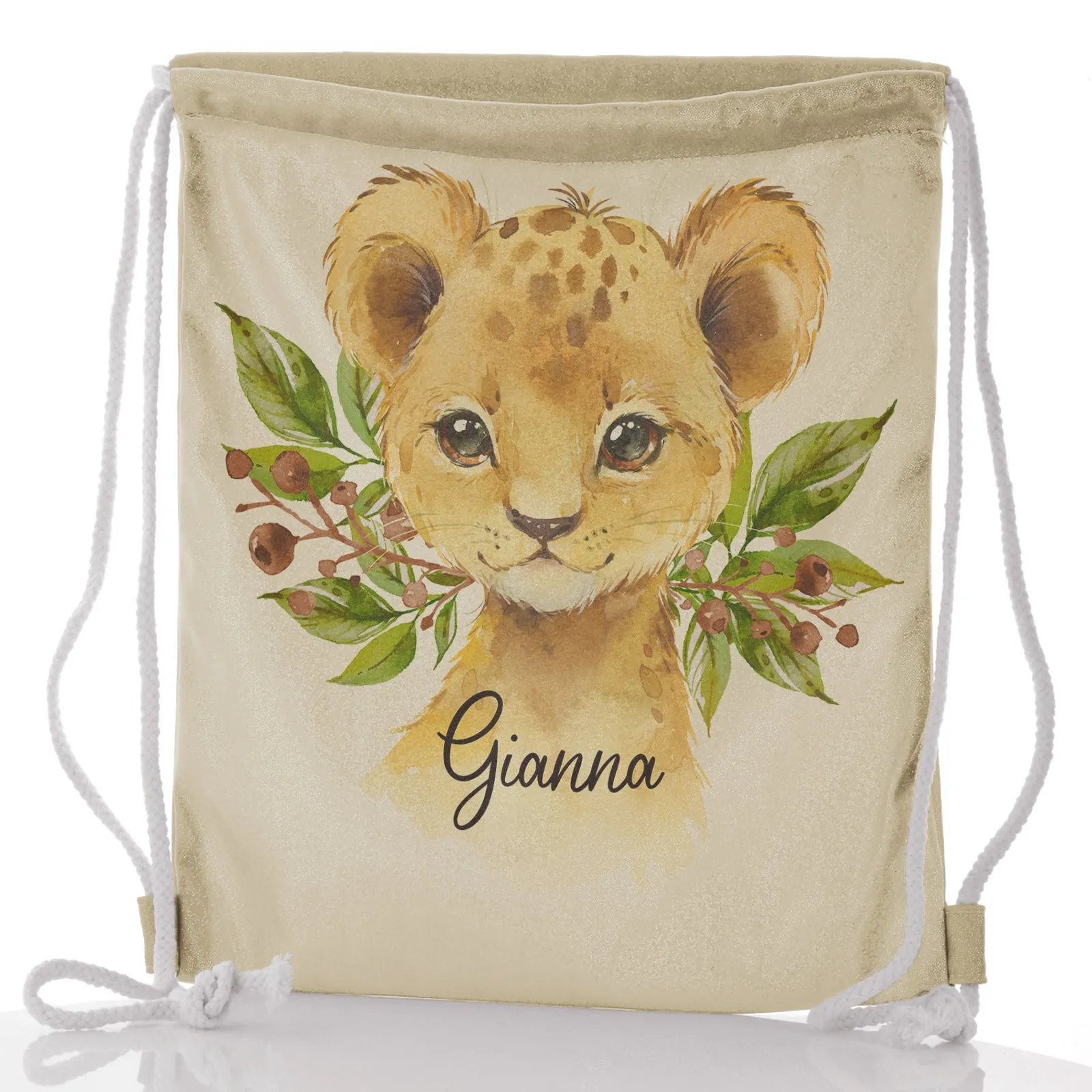 Personalised Glitter Drawstring Backpack with Lion Cub Olive Branch and Cute Text