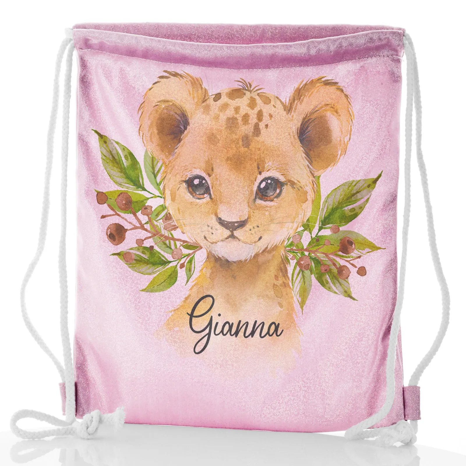 Personalised Glitter Drawstring Backpack with Lion Cub Olive Branch and Cute Text
