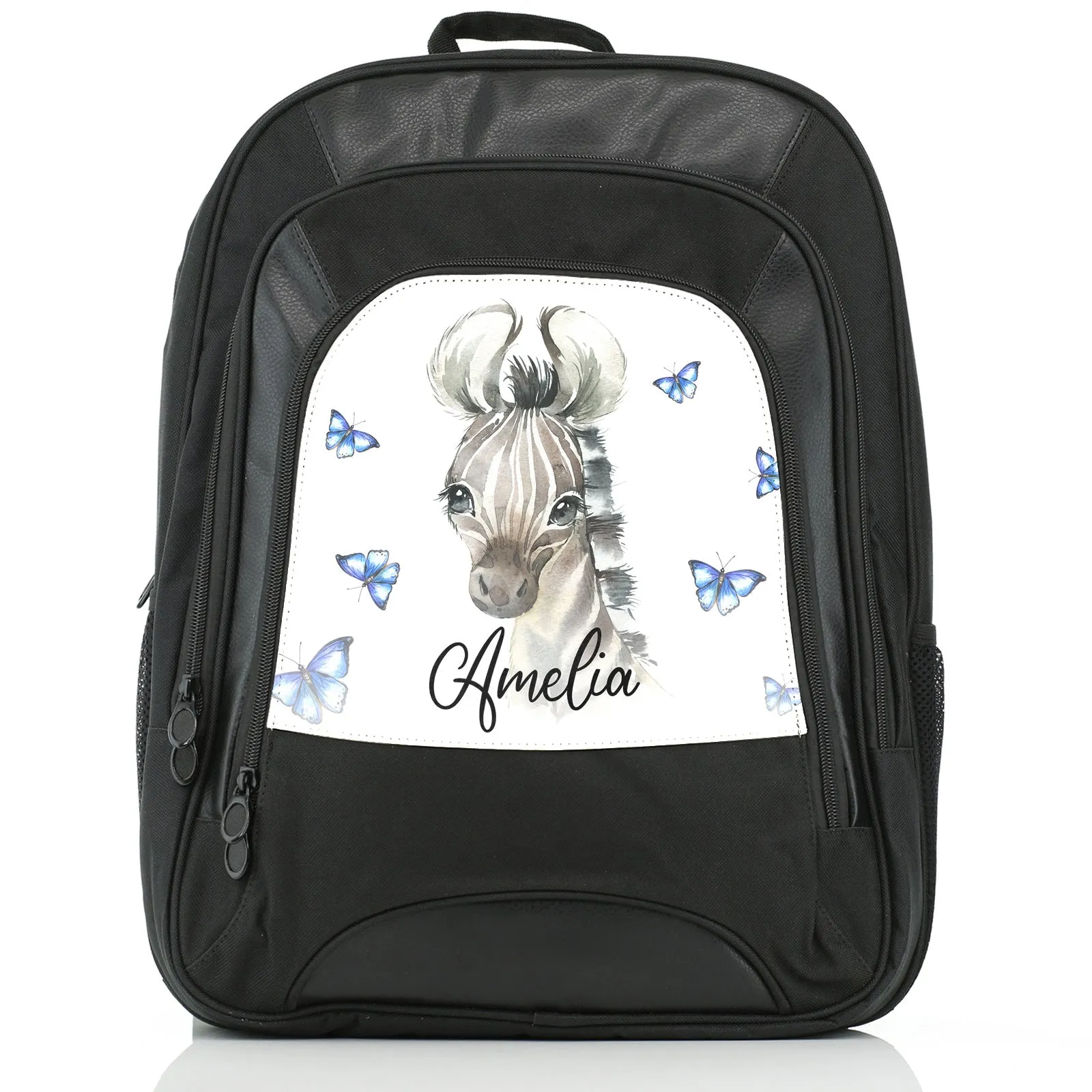 Personalised Rucksack with Zebra Blue Butterfly and Cute Text