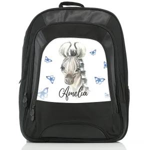 Personalised Rucksack with Zebra Blue Butterfly and Cute Text